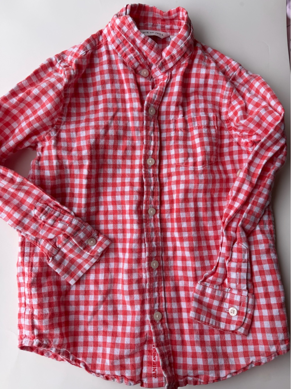 Janie & Jack Red and White Gingham Button-Up linen Shirt boys size 5